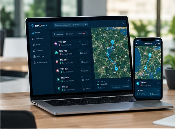 La plataforma TRACKIAR abierta en una notebook y en un celular